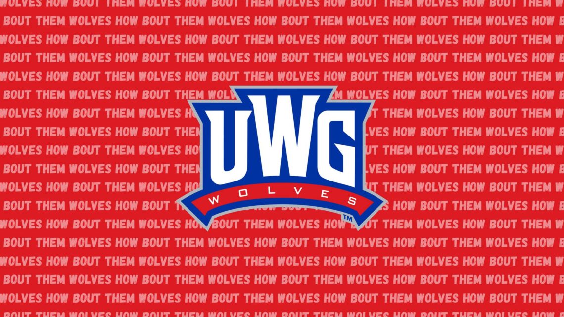 A red banner that says 'How Bout Them Wolves' multiple times behind the UWG logo