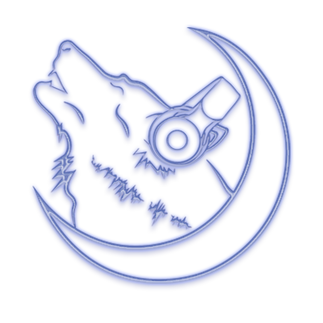 A neon WOLFSTOCK logo of wolf howling upwards from the moon