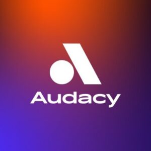 Orange and purple gradient background with Audacy logo