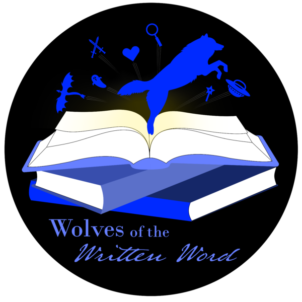 A Wolf leaping out of a book. Underneath it says "Wolves of the Written Word"
